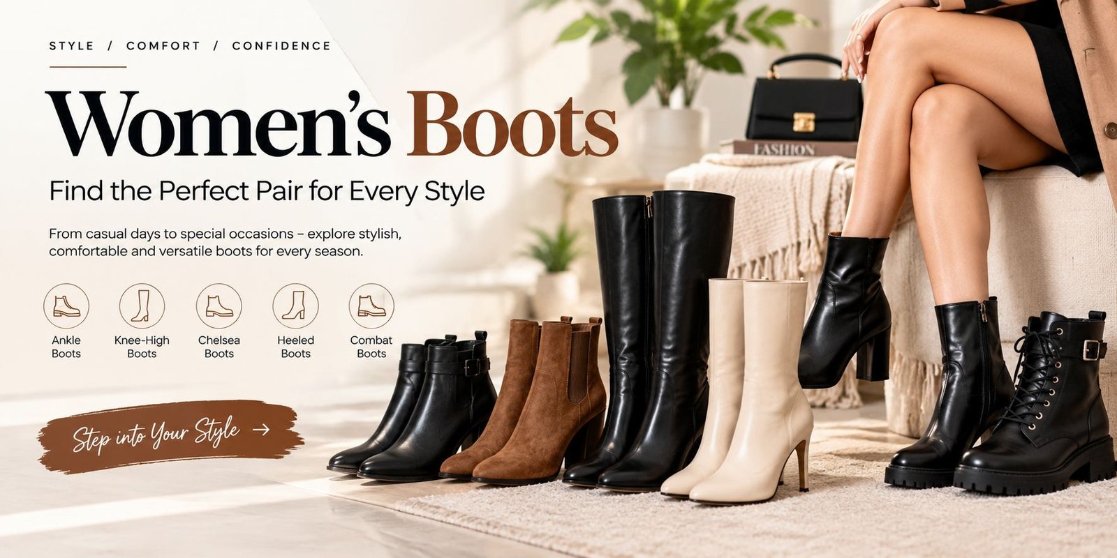 Stylish women’s boots in ankle, knee-high, Chelsea, heeled, and combat styles